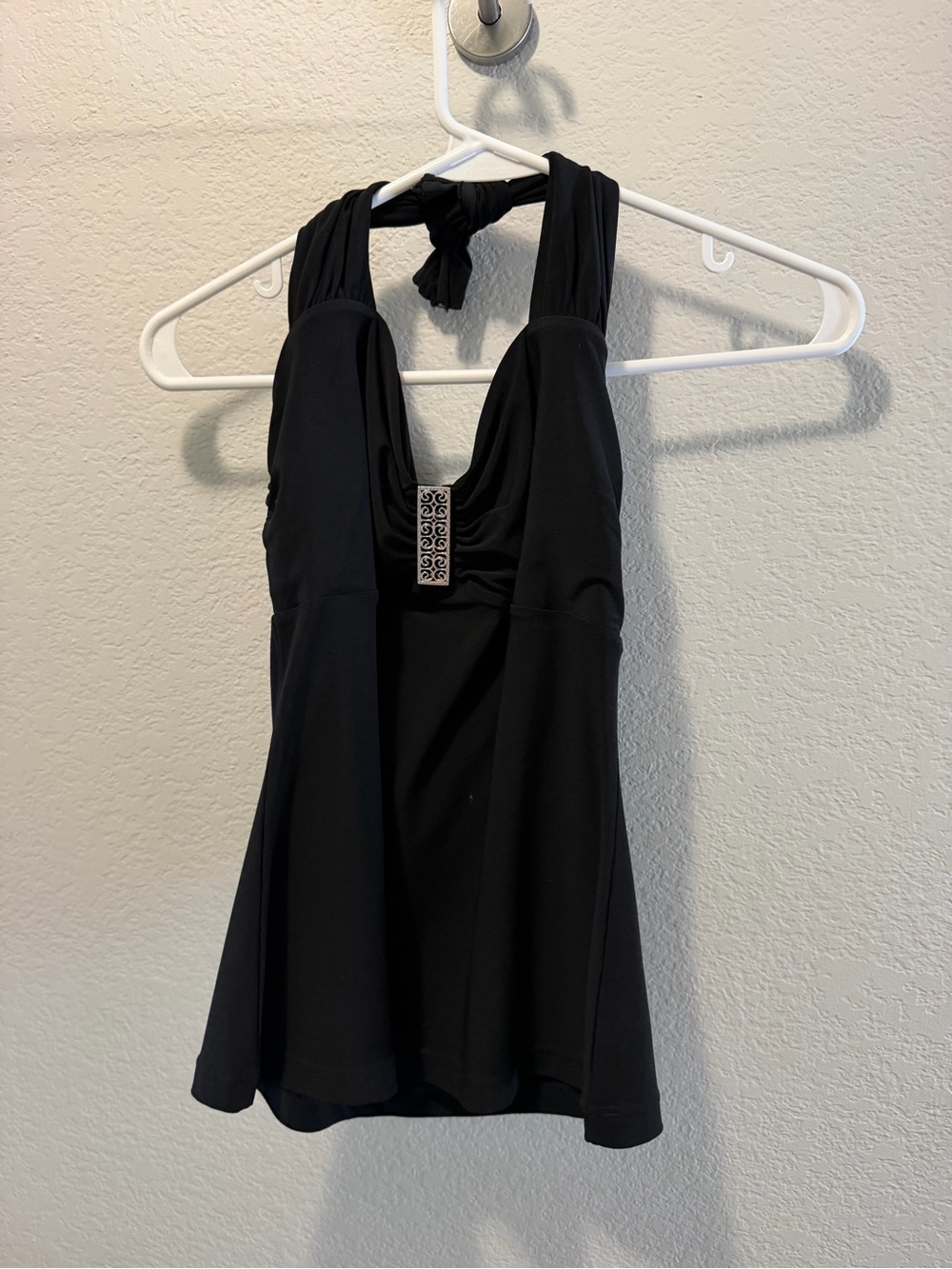 White House Black Market Black Halter Top with Decorative Accent